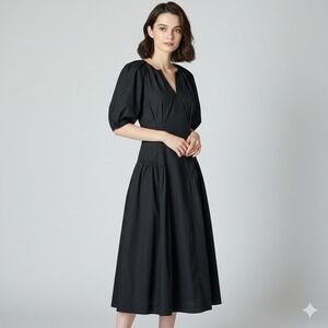 Ulla Johnson Carina Black Cotton Poplin Puff Sleeve V-Neck Midi Dress Size 8